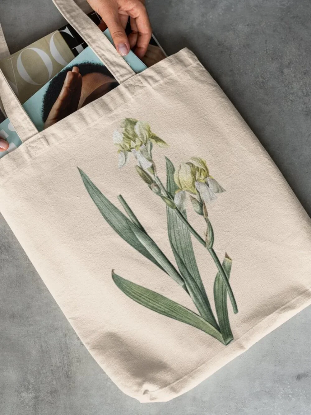 Yellow Iris Vintage Floral Print Graphic Canvas Tote Bag